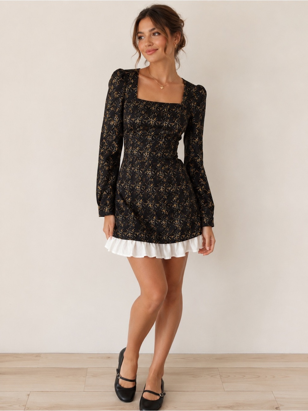Rihoas Floral Print Sleeve Mini Dress Black Small NWT IN PACKAGE